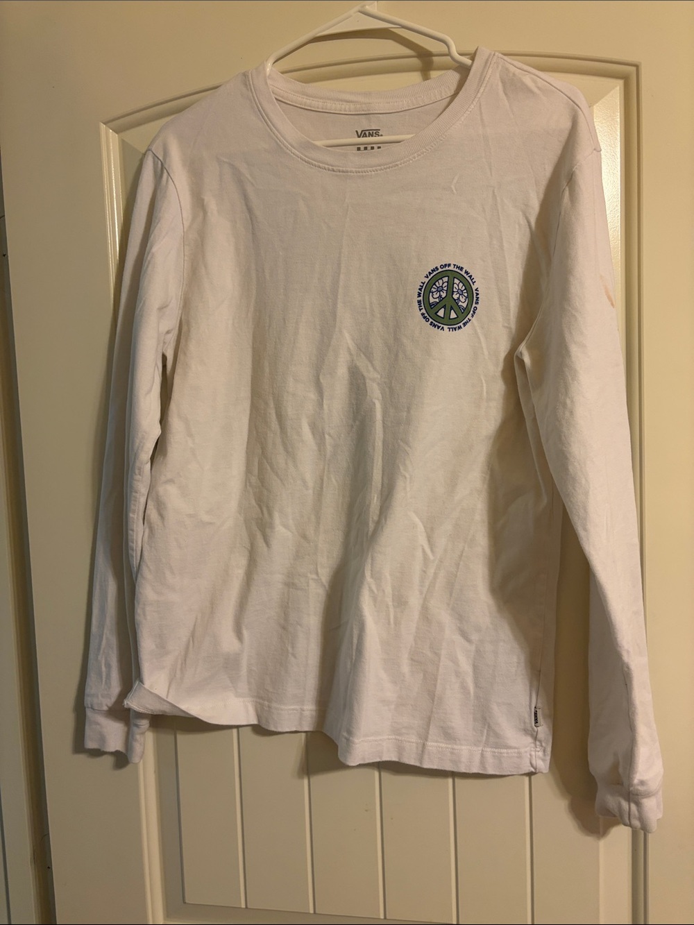 Vans White Long Sleeve Tee with Blue & Green Peace Logo